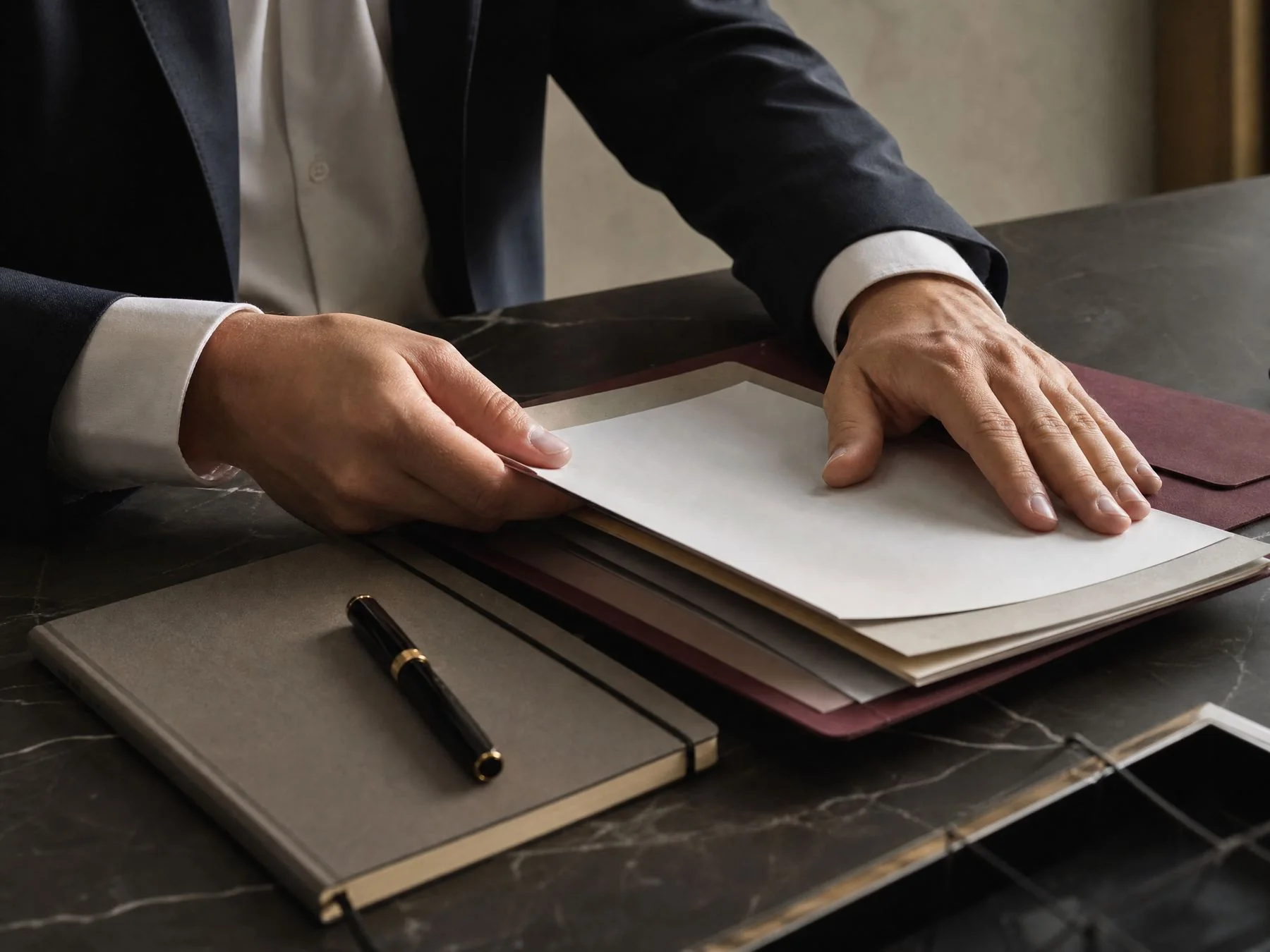 Mesa de trabalho com documentos jurídicos e análise de caso